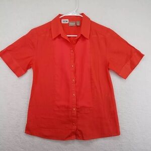 CHICO’S 3 Button Up Blouse Orange Short Sleeve Linen Blend Mixed Media - Sz XL